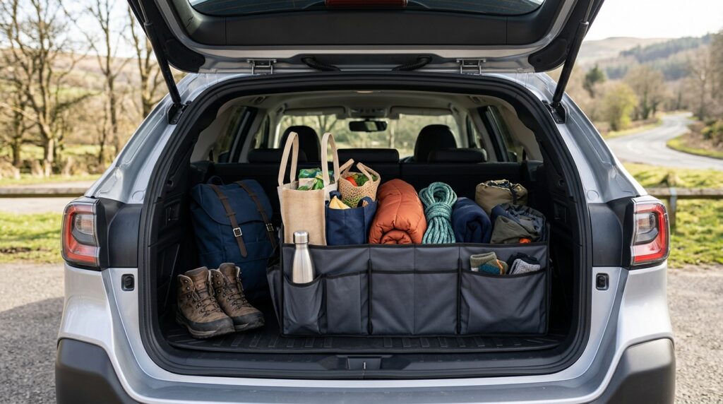 Tidy car boot with a fabric organiser separating shopping bags and outdoor accessories