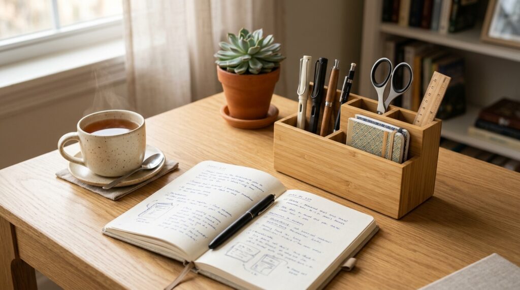 Neat bamboo desk organiser holding pens and stationery on a tidy wooden home office desk