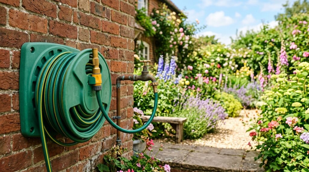 A green garden hose coiled on a wall-mounted reel next to an outdoor tap in a British garden