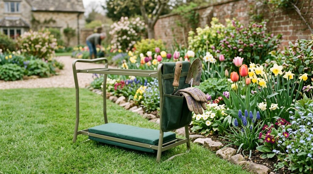 A folding garden kneeler with cushioned pad and tool pouches on a lawn next to a flower border