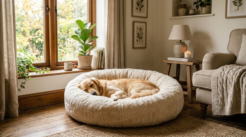 Golden retriever sleeping peacefully in a plush donut-style dog bed in a cosy British living room