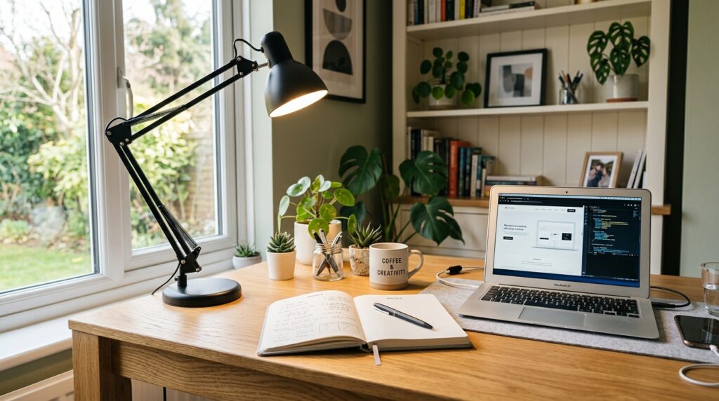 Adjustable LED desk lamp lighting a tidy home office desk with notebook and laptop