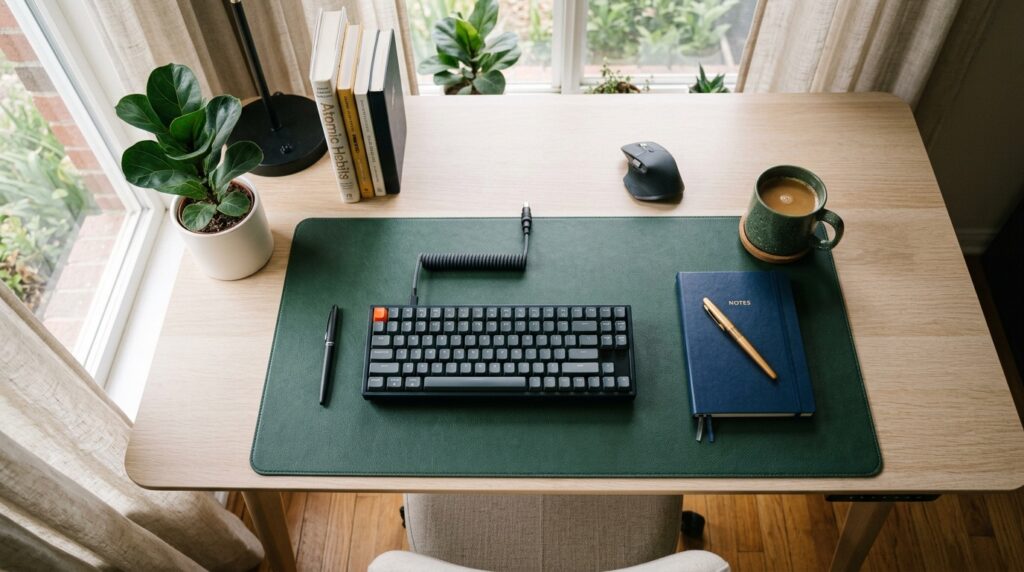 Large dark green faux leather desk pad on a tidy home office desk with keyboard and notebook