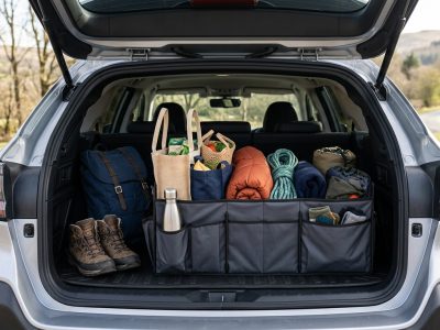 Tidy car boot with a fabric organiser separating shopping bags and outdoor accessories