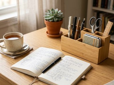 Neat bamboo desk organiser holding pens and stationery on a tidy wooden home office desk