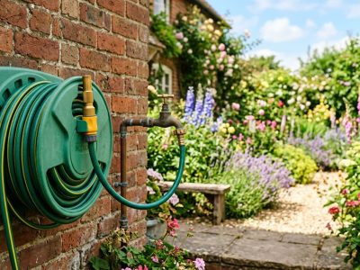 A green garden hose coiled on a wall-mounted reel next to an outdoor tap in a British garden