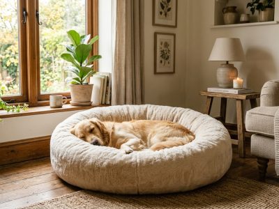 Golden retriever sleeping peacefully in a plush donut-style dog bed in a cosy British living room